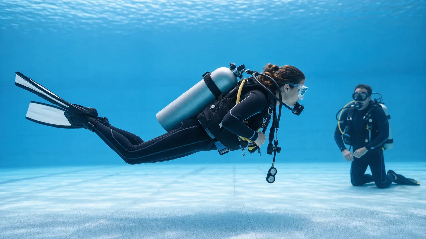 Mood image of personal underwater buoyancy and equipment training.