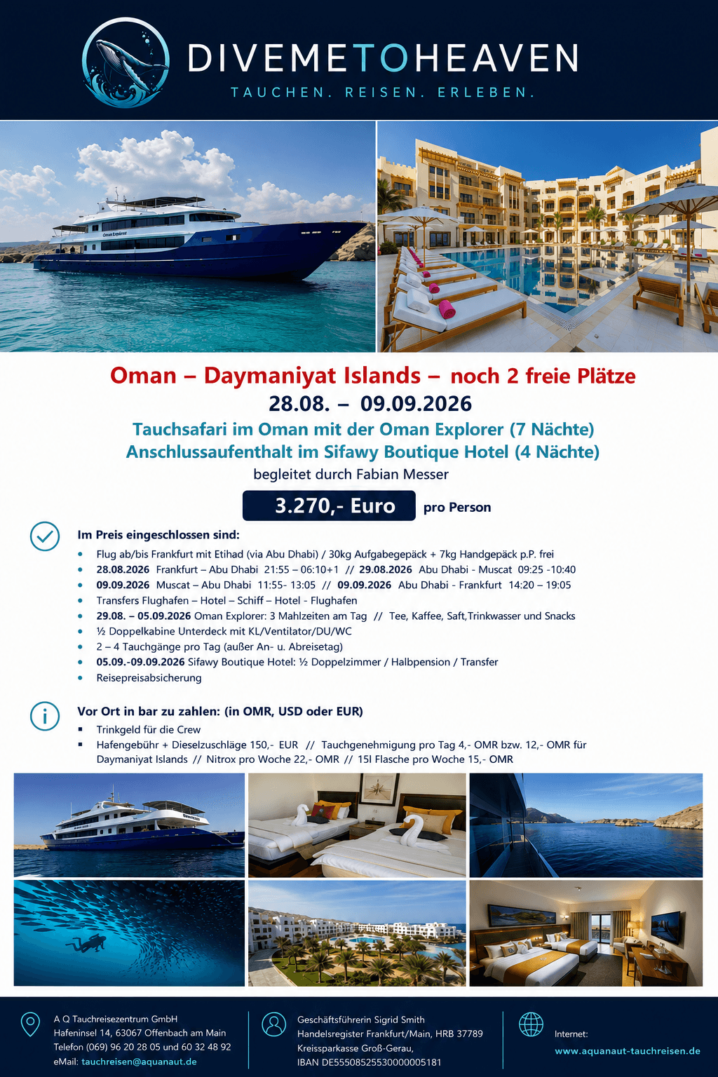 Aktueller Informationsflyer zur Oman-Tauchreise 2026 mit Oman Explorer, Daymaniyat Islands und Sifawy Boutique Hotel.