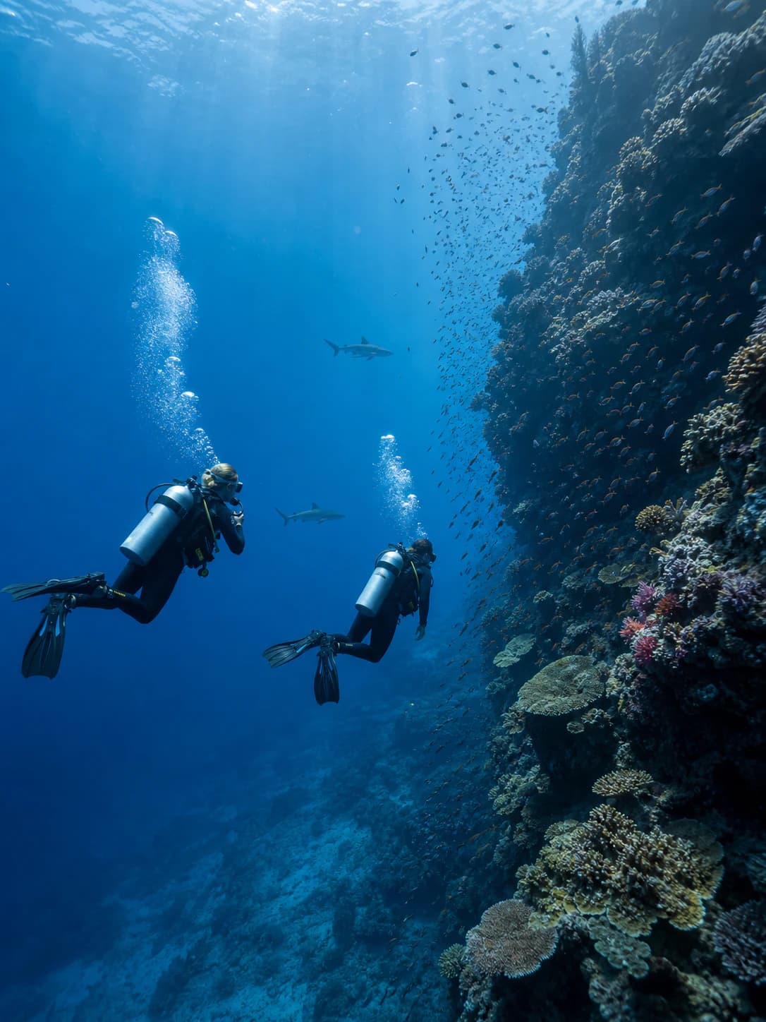 Stimmungsbild einer Tauchreise in Palau mit Steilriff, Tauchern und Großfisch im offenen Blauwasser.
